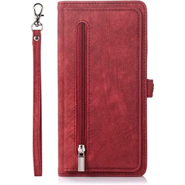 Imagem de GANYUU Capa para iPhone 14/14 Plus/14 Pro/14 Pro Max, 9 slots de cartão carteira de couro capa flip à prova de choque, com alça de mão com zíper bolso suporte bolsa fecho magnético (cor: vinho, tamanho: 14