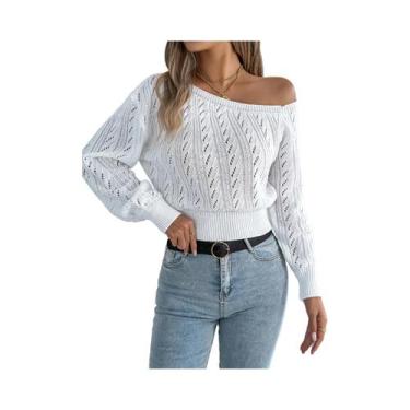 Imagem de Suéter De Tricô Feminino Com Ombros Descidos E Manga Longa Casual Eleg