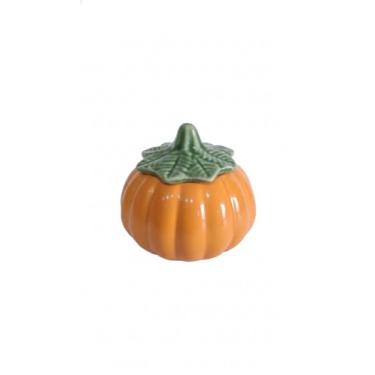Imagem de Mini Bomboniere Decorativa Abóbora em Cerâmica com Tampa de Folha, Porta-Objetos e Açucareiro, Ideal para Mesa Posta, Halloween e Decoração de Outono, Laranja e Verde