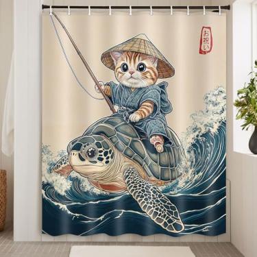 Imagem de Cortina de chuveiro de gato engraçada vintage gato montando tartaruga charme retrô anime japonês azul oceano tecido animal cortina de chuveiro à prova d'água fofa gato hilário vai pescar crianças