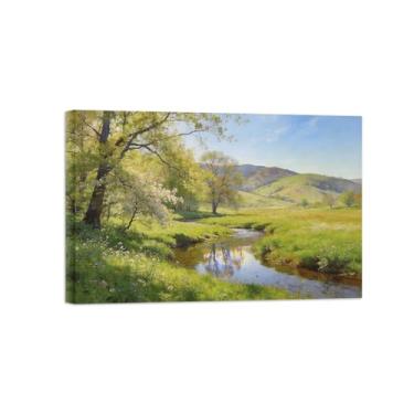 Imagem de BMZFYBS Impressão em tela de paisagem de arte de parede - árvore rio prado - quadros de pintura de decoração para sala de estar pronta para pendurar tela embrulhada 50 x 75 cm 20 x 30 pol