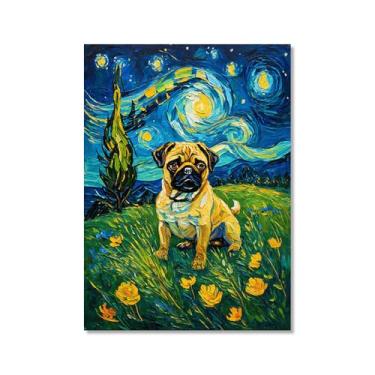 Imagem de Pintura a óleo floral colorida abstrata Van-Gogh Dog Starry Night Pôster em tela de arte de parede impressões engraçadas de animais para decoração de casa e sala de estar de fazenda (SKU16,16x60 cm
