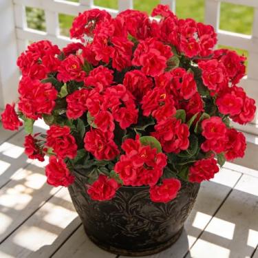 Imagem de Ammyoo Flores artificiais de gerânio para decoração ao ar livre, flores de gerânios de seda falsa, aparência resistente a UV, plantas falsas reais para primavera, jardim, varanda, pátio, varanda