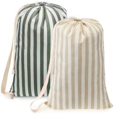 Imagem de SATINIOR Saco de lavanderia universitário listrado de lona verde bege com alças de ombro com cordão 73,7 cm x 45,7 cm organizador de cesto de roupas sujas laváveis para dormitório, lavanderia