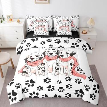 Imagem de Conjunto de edredom Queen com estampa de patas de cachorro dálmata, tamanho Queen, para meninos e meninas, animal de estimação rústico (edredom + lençol de cima + 2 fronhas + 2 capas de travesseiro)