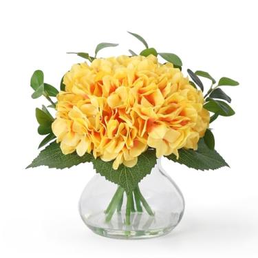 Imagem de homfan Flores artificiais de hortênsia em vaso, arranjos de flores falsas de hortênsia de seda com vaso de vidro e água sintética para decoração de casa, buquês de casamento, centros de mesa, amarelo