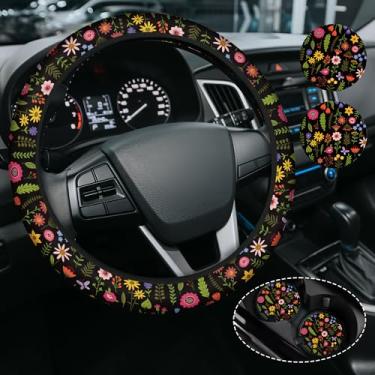Imagem de Capa de volante Wildflower, capa de volante de neoprene antiderrapante, acessórios de carro de flores fofas para mulheres femininas, ajuste universal de 38 cm para automóveis, SUVS, inclui 2