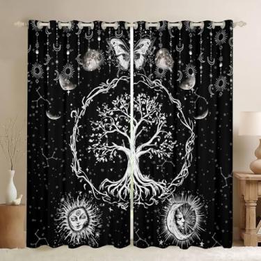 Imagem de Cortinas blackout de sol e lua (30%-50%), cortina de borboleta de árvore boêmia, psicodélica, hippie, escurecimento de janela, para decoração de quarto, galáxia, astrologia, tratamento de janela (2 painéis, 106 x 228 cm)