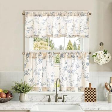 Imagem de jinchan Conjunto de cortinas florais de cozinha de 61 cm de comprimento para casa de fazenda, café, conjunto de cortinas e saia para sala de estar, banheiro, janela pequena, tratamentos de varão