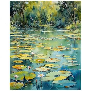 Imagem de Kit de pintura de lagoa tranquila por números para adultos – DIY nenúfares e pintura florestal em tela 40,6 x 50,8 cm, conjunto de tinta acrílica, adequado para iniciantes, decoração de casa inspirada