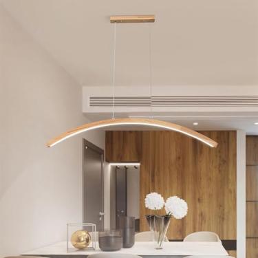 Imagem de Luminária pendente de madeira com LED dimerizável e controle remoto para sala de estar, mesa de jantar e escritório. Design arqueado com altura ajustável (100 cm).