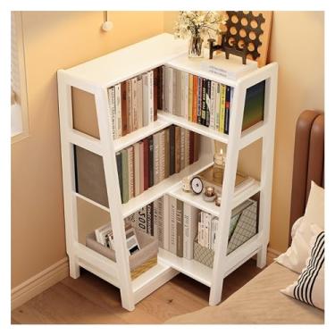 Imagem de Estante de armazenamento estante de livros de madeira maciça sala de estar parede retrátil quarto armazenamento de cabeceira pequena estante de canto trapezoidal prateleira de livros (branca)