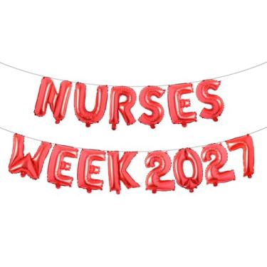 Imagem de Nurses Week 2027 balões banner decorações de festa, dia da enfermeira inernacional 2027 banner médico RN BSN decorações de festa tema (Semana das enfermeiras 2027 vermelho)