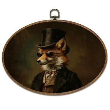 Imagem de kdqua Decoração de parede oval de raposa vintage, arte em tela Dark Academia Fox, decoração de parede de animal selvagem gótico temperamental para decoração de parede para casa, quarto, sala de estar