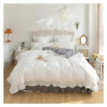 Imagem de Jogo de cama casal com babados e renda para meninos/meninas, branco e cinza, conjunto de capa de edredom queen/queen (1 solteiro, 3 peças)
