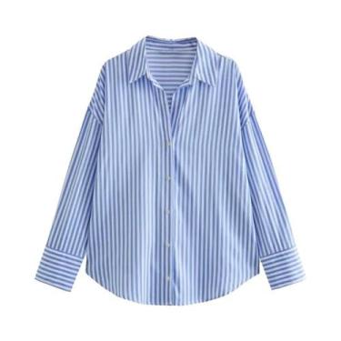 Imagem de Camisa Feminina De Manga Longa Listrada Com Lapela, Ajuste Solto, Pope