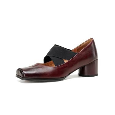 Imagem de TinaCus Sapato feminino de couro legítimo, feito à mão, cinto cruzado, salto baixo elegante, Vermelho escuro, 40