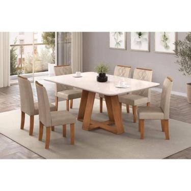 Imagem de Conjunto Mesa Kiara c/ Tampo Madeirado c/ Vidro Curvo 160x80cm e 6 Cadeiras Ayla erro sub errado Freijo/Off White - Suede Kraft-DJ Móveis