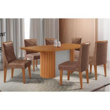 Imagem de Conjunto Sala de Jantar Pilar c/ Tampo Madeirado Canto Curvo 180x90cm e 6 Cadeiras Pietá Madeira Maciça Naturale/Off White - Capuccino/Corano Capuccin