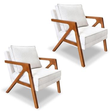 Imagem de Kit 2 Poltronas Decorativa Luiza Linho Bouclê Off White Base Em Madeira Castanho - Pallazio