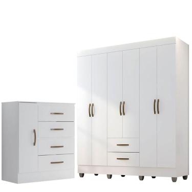 Imagem de Kit Guarda-roupa Casal 6 Portas E Cômoda Sapateira 1 Porta Lisa Branco