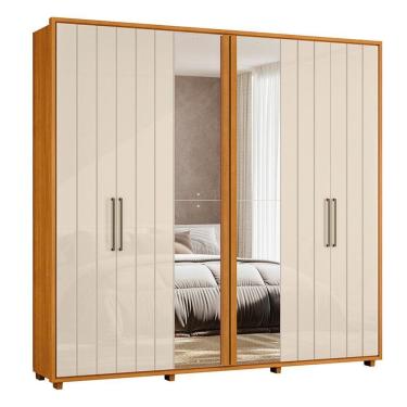 Imagem de Guarda-roupa Casal Miró Ripado Com Escada 6 Portas 4 Gavetas 2 Portas C/ Espelho - 7 Decor Cinamomo E Off White
