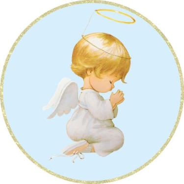 Imagem de Painel de Tecido Sublimado Redondo Anjinho Rezando Fundo Azul Claro c/