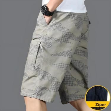 Imagem de Bermudas Cargo Masculinas De Algodão Soltas Com Bolsos Com Zíper, Casu