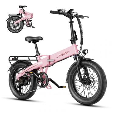 Imagem de Bicicleta Elétrica Dobrável Jasion EB6 Rosa Claro 1000W Motor Brushless Bateria Embutida Removível 48V 504Wh Pneus 20" Fat Tire 7 Marchas