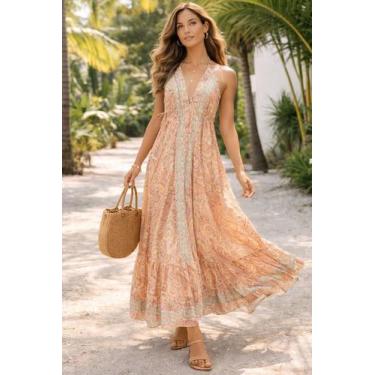 Imagem de Vestido Indiano Boho Seda Premium Detalhe Dourado Costa Nua - Mimos Al