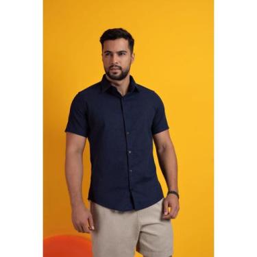 Imagem de Camisa masculina social manga curta linho natural - MK Brand, Azul mar