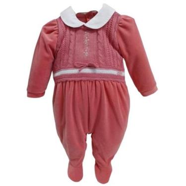 Imagem de Macacão Longo Luxo Bebê Menina Plush + Tricô Paraiso 14519, Rosa goiab