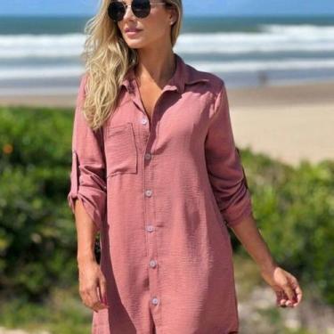 Imagem de Saída de Praia Feminina Tipo Camisa Manga 3/4 com Botões  Moda Verão -