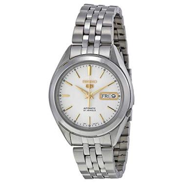 Imagem de Relógio automático Seiko 5 SNKL17 masculino em aço inoxidável com mostrador branco e indicador dourado