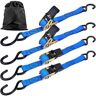 Imagem de Alças de amarração de popa para reboque de barco, pacote com 4 tiras de catraca resistentes com ganchos em S para barcos, jet skis, caiaque, pontão, frete de carga, resistência de quebra superior de 800 g, 2,5 x 4,9 m, azul