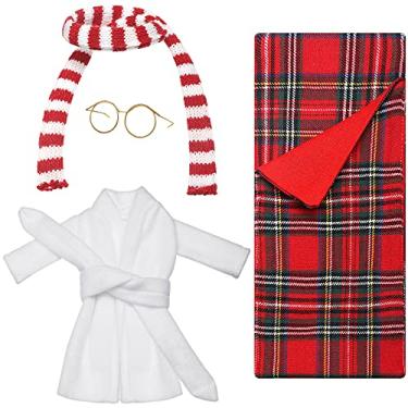 Imagem de Boneca Elfo Acessório de Natal Elfo Saco de Dormir Xmas Xadrez Sacos de Dormir Roupões de Banho Brancos Óculos Dourado Vermelho e Branco Lenço Listrado Meia Stuffers Decorações Prateleira