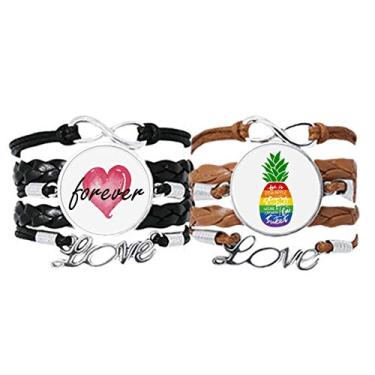 Imagem de DIYthinker Pulseira PineFruit Rainbow com citação da bandeira LGBT pulseira de mão corda de couro Forever Love conjunto duplo