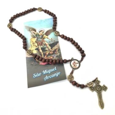 Imagem de Terço São Miguel Arcanjo Madeira Crucifixo Espada com Folheto