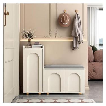 Imagem de Prateleira de sapatos banco de entrada banco de armazenamento de sapatos com armário moldura de metal e placa de madeira banco de sapateira com assento para entrada corredor porta da porta da frente