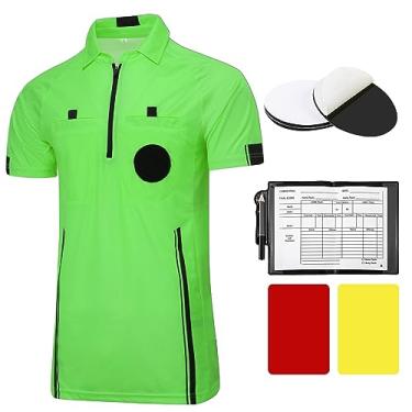 Imagem de Camisa de árbitro de futebol profissional camisa de manga curta uniforme de árbitro com 3 peças de substituição de 7,6 cm suporte de crachá adesivo redondo de gancho e laço, carteira de árbitro com