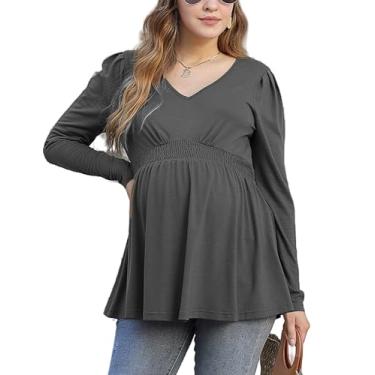Imagem de FUNJULY Blusa feminina de maternidade com gola em V e bainha franzida com babados, blusa feminina, Longo, preto, P