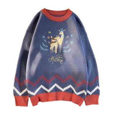 Imagem de Suéter masculino de Natal com estampa de alce vintage, suéter de tricô bordado, Azul, M