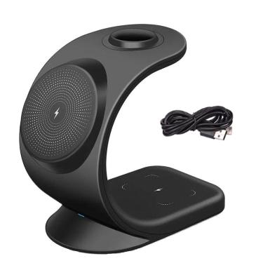 Imagem de Carregador Induçao Rapido 15W Wireless 3 Em 1 Carrega Celular Fone Ouvido Relgio Magnetico Estante Mesa Escrivania Casa Escritorio Bancada