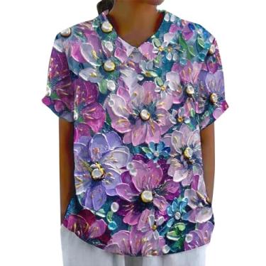 Imagem de Camisetas femininas de linho de algodão 2024 com estampa floral e gola e manga curta, casual, solta, confortável, Roxa, P