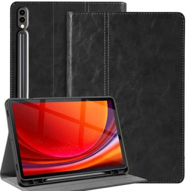 Imagem de Gexmil Capa de couro genuíno para Samsung Galaxy Tab S10 / S9 Ultra de 14,6 polegadas com suporte para lápis, capa protetora à prova de choque ajustável para tablet Smart Folio Flip, preta