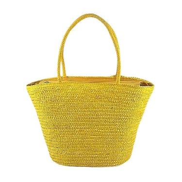 Imagem de Bolsa Feminina de Palha Amarela Praia Viagem Moda Sacola Bag Rattan Vime Blogueira