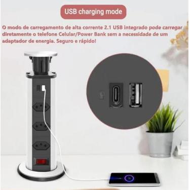 Imagem de Torre Tomada Retrátil Multiplug Embutir Mesa 3 Tomadas e USB Preta - B