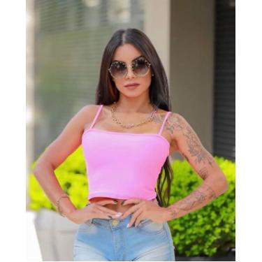 Imagem de Crooped Reto Rosa Neon Feminino Alcinha Moda Estilo Faixa