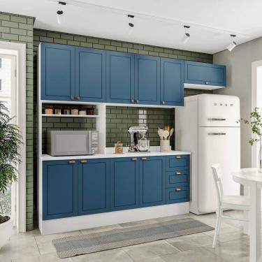 Imagem de Cozinha Pérola Comtampo Rodapé 4 Peças Paneleiro/torre Quente Aéreo 3 Portas Balcão 120 e Basculante Branco/Azul