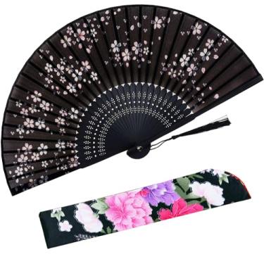 Imagem de STHUAHE Ventilador portátil para mulheres, dobrável, chinês, japonês, vintage, bambu, seda, leque dobrável, leque de mão para decoração de igreja de casamento, festival de música de dança (Black